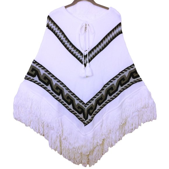 Free PeopleX Knitwear Poncho One Size Fringe Tassels Aztec Geometric White Black - Picture 1 of 11